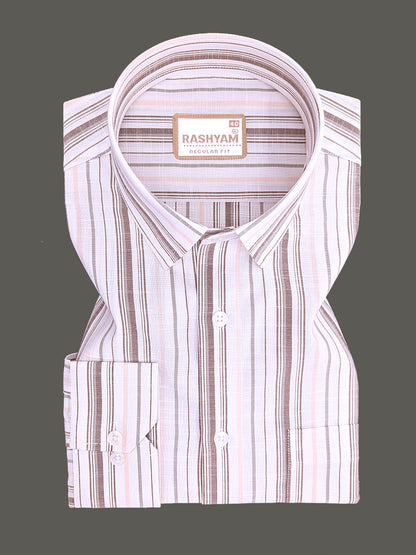 Italian Linen Cotton Lorentis Orange Brown Multiline On White Formal Shirt