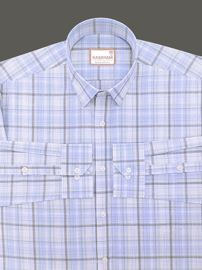 Finest Cotton Cherasco Greyish And Skyblue Multichecks Formal Shirt