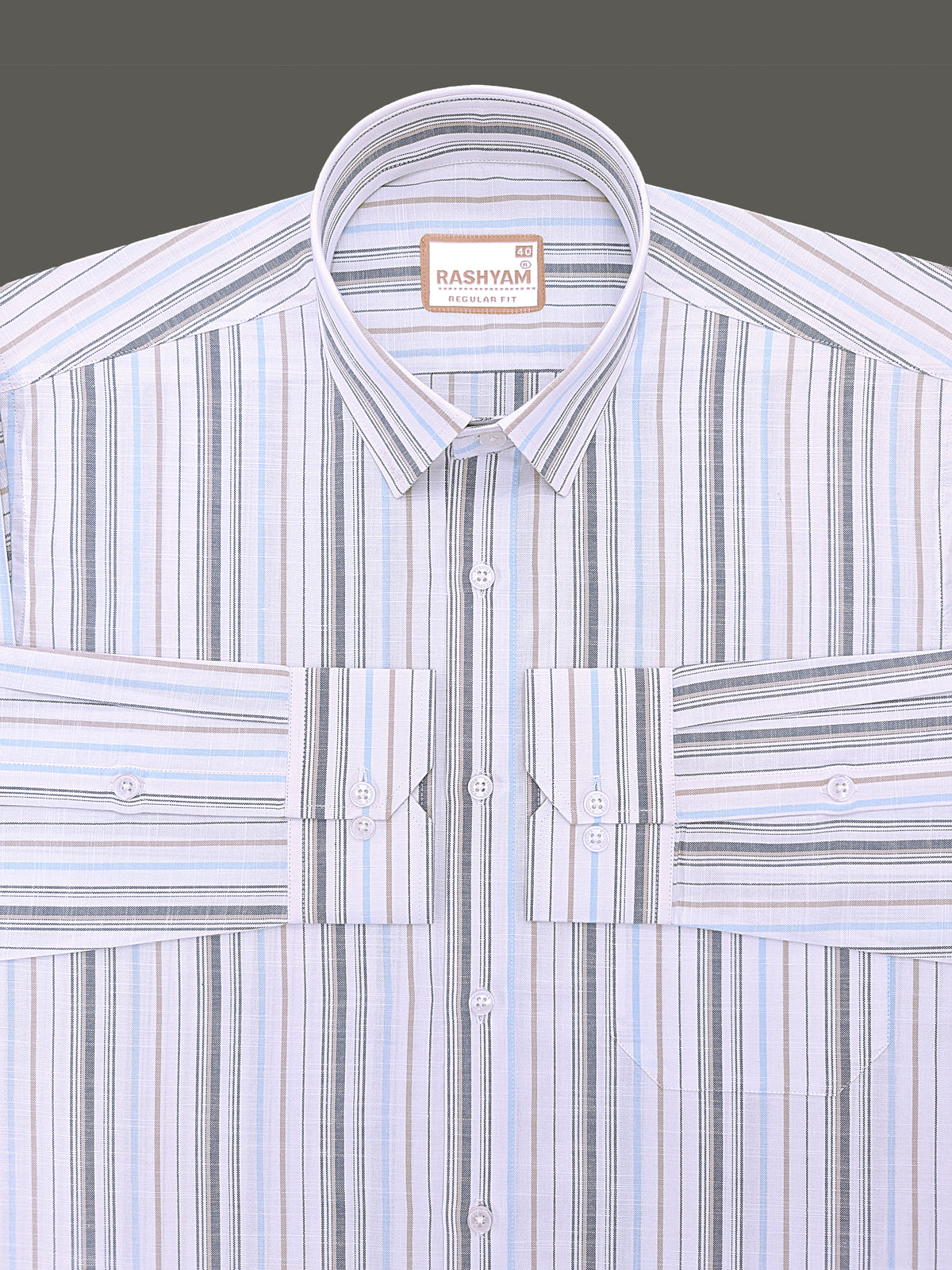 Italian Linen Cotton Lorentis Navy Blue Brown Multiline On White Formal Shirt