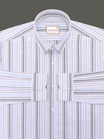 Italian Linen Cotton Lorentis Navy Blue Brown Multiline On White Formal Shirt
