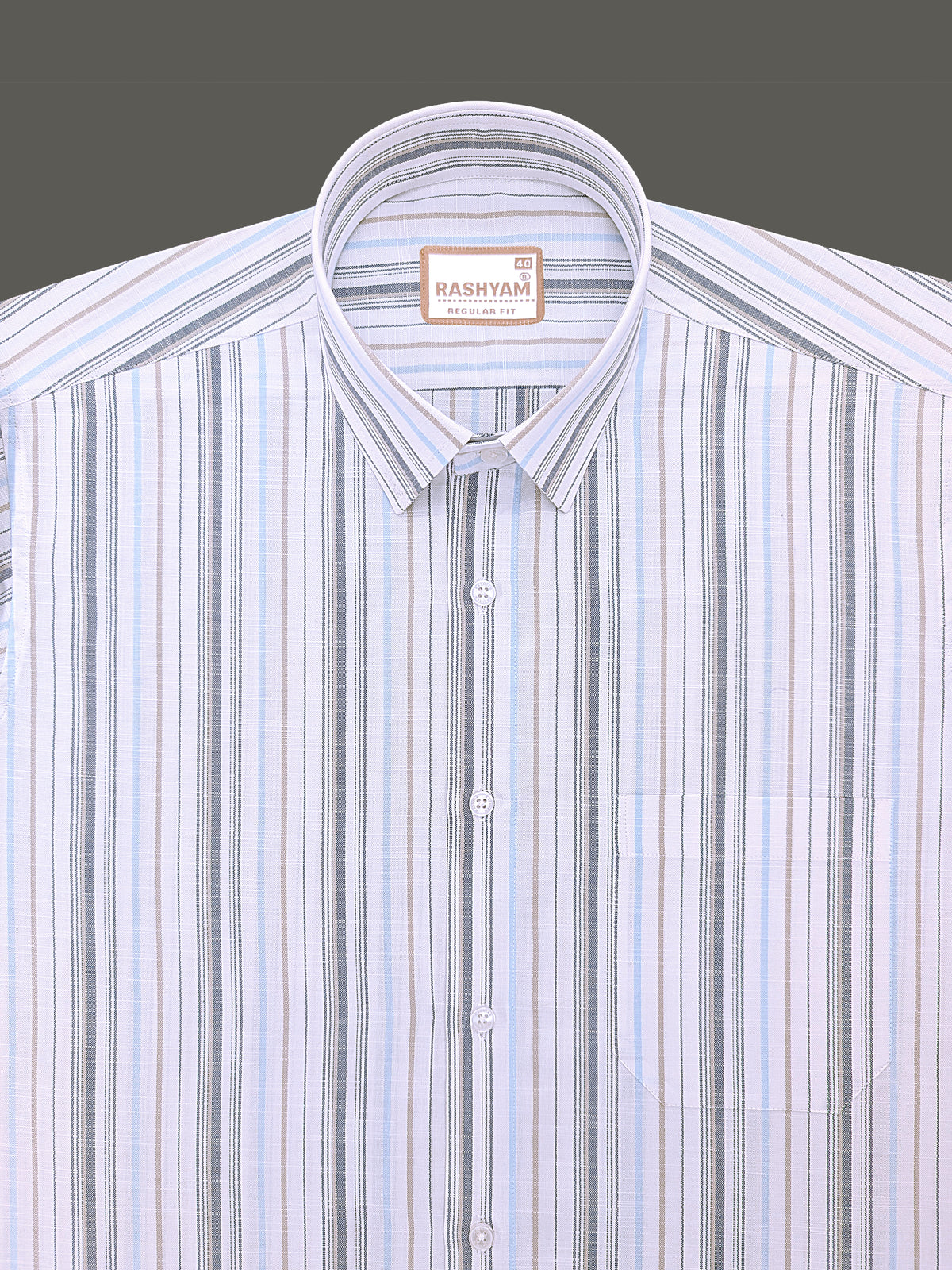 Italian Linen Cotton Lorentis Navy Blue Brown Multiline On White Formal Shirt