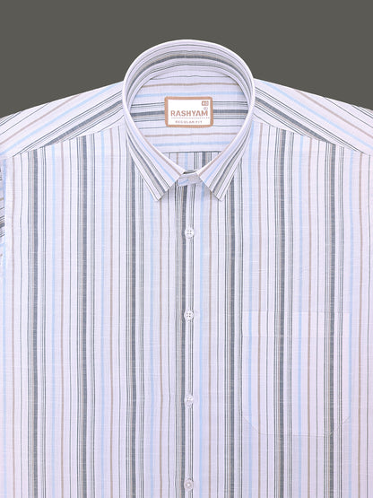 Italian Linen Cotton Lorentis Navy Blue Brown Multiline On White Formal Shirt