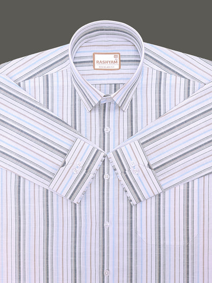 Italian Linen Cotton Lorentis Navy Blue Brown Multiline On White Formal Shirt