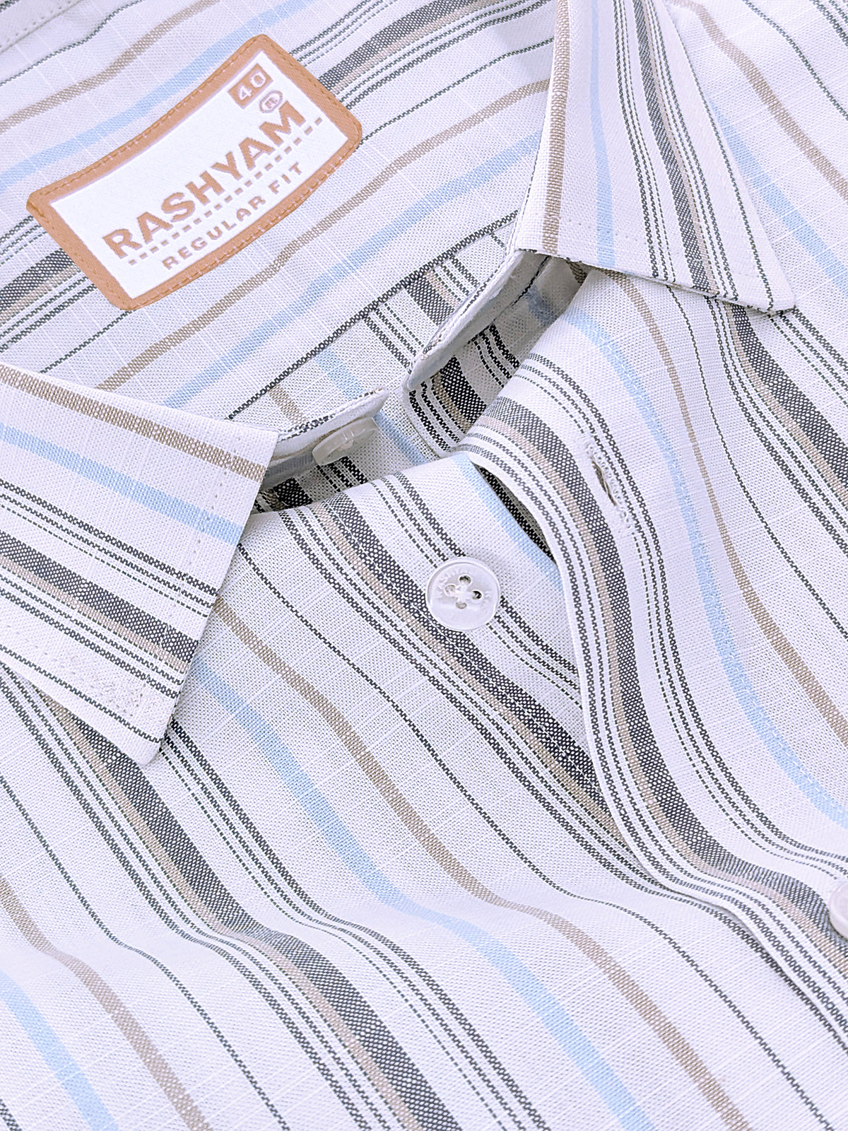 Italian Linen Cotton Lorentis Navy Blue Brown Multiline On White Formal Shirt