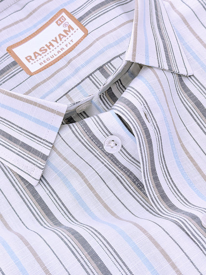 Italian Linen Cotton Lorentis Navy Blue Brown Multiline On White Formal Shirt