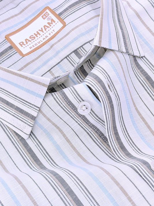 Italian Linen Cotton Lorentis Navy Blue Brown Multiline On White Formal Shirt