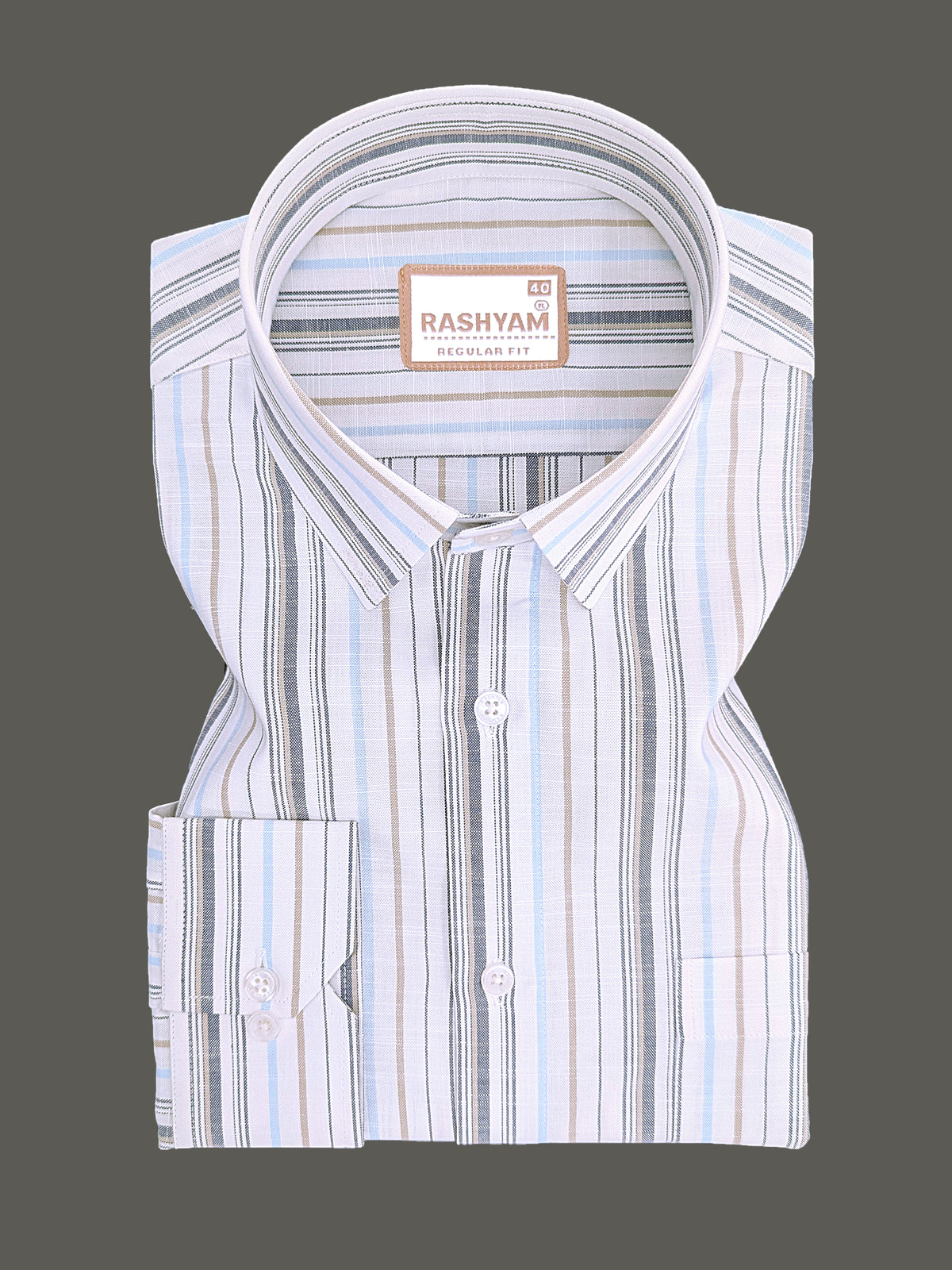 Italian Linen Cotton Lorentis Navy Blue Brown Multiline On White Formal Shirt