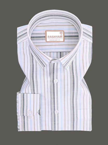Italian Linen Cotton Lorentis Navy Blue Brown Multiline On White Formal Shirt