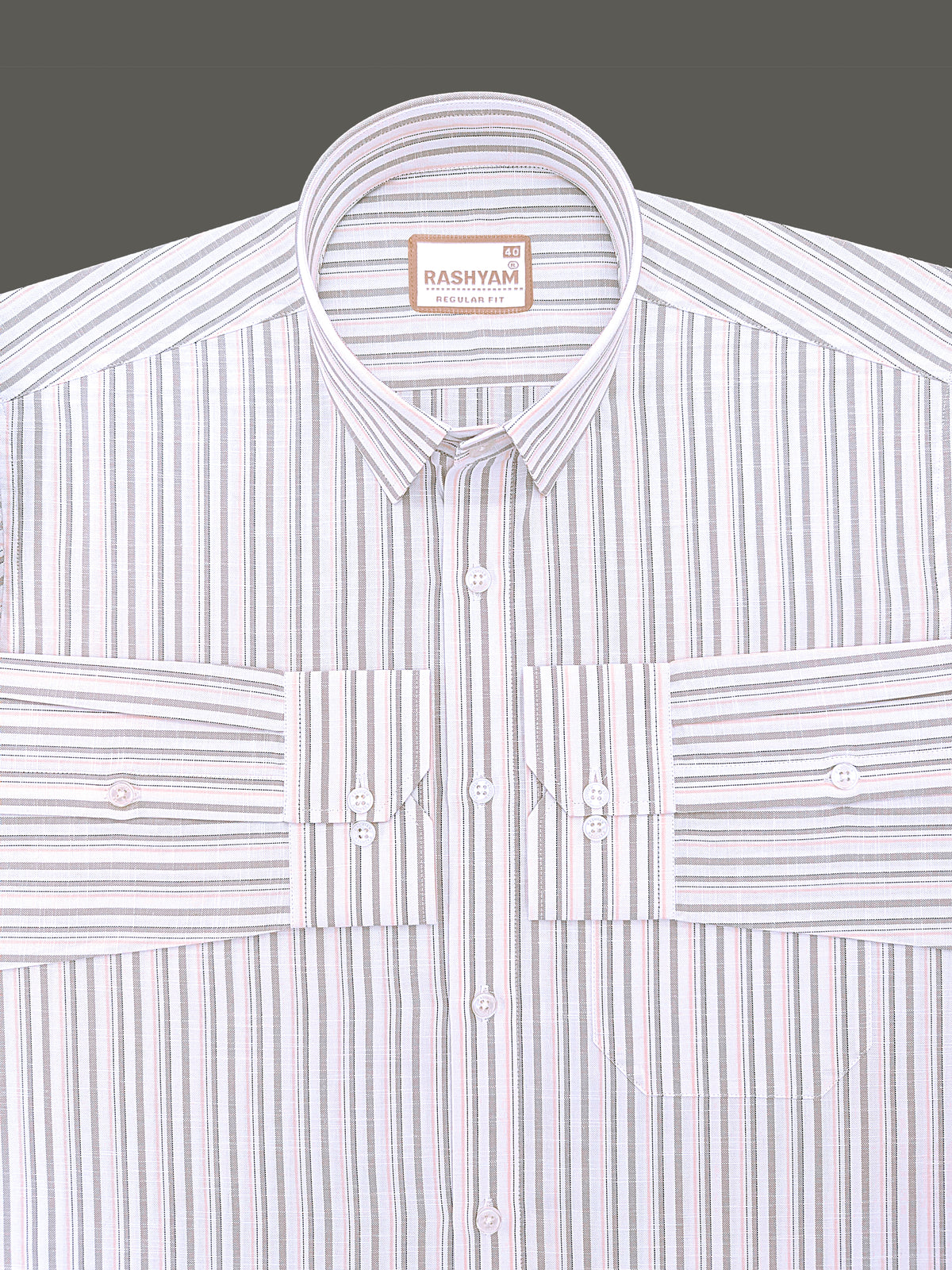 Italian Linen Cotton Lorentis Beige And Peach Multiline On White Formal Shirt