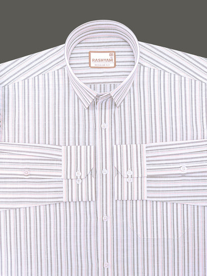 Italian Linen Cotton Lorentis Beige And Peach Multiline On White Formal Shirt