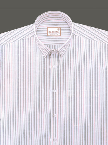 Italian Linen Cotton Lorentis Beige And Peach Multiline On White Formal Shirt
