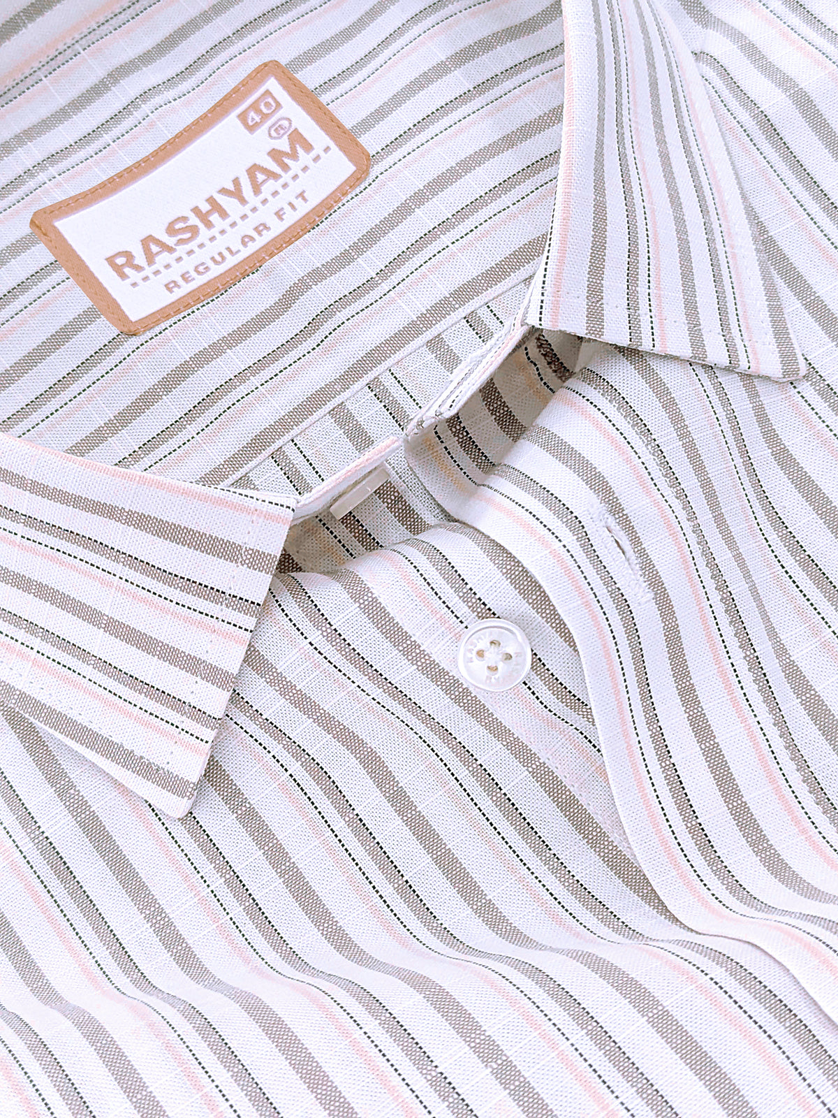 Italian Linen Cotton Lorentis Beige And Peach Multiline On White Formal Shirt