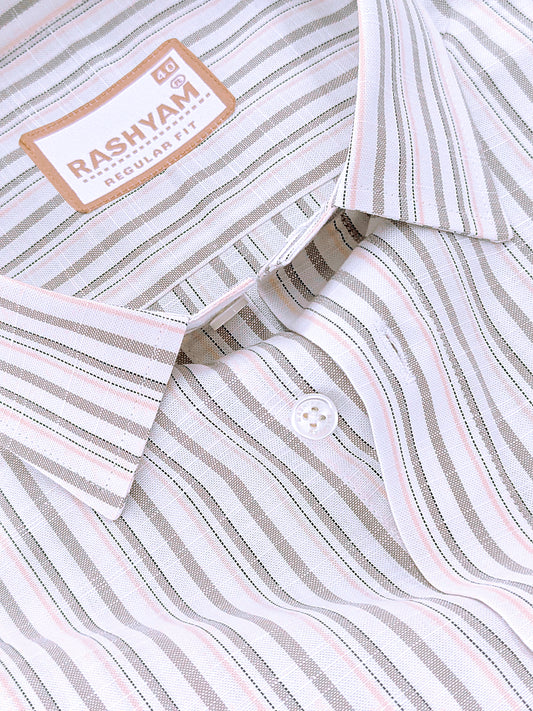 Italian Linen Cotton Lorentis Beige And Peach Multiline On White Formal Shirt