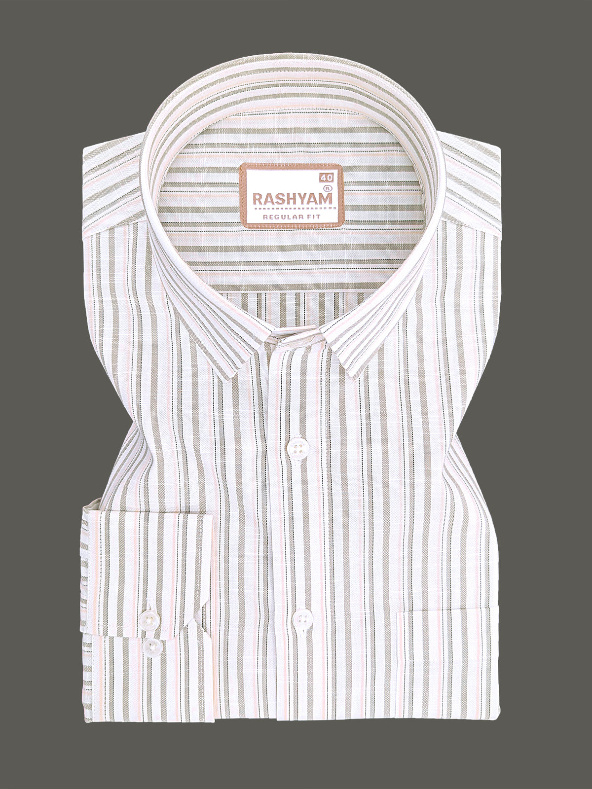 Italian Linen Cotton Lorentis Beige And Peach Multiline On White Formal Shirt