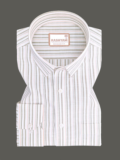 Italian Linen Cotton Lorentis Beige And Peach Multiline On White Formal Shirt