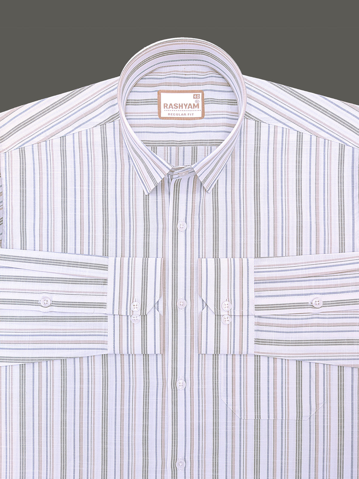 Italian Linen Lorentis Duskblue Mossy Green Multiline On White Formal Shirt