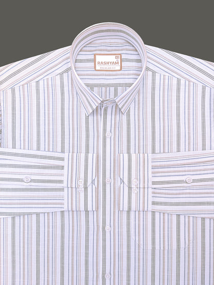 Italian Linen Lorentis Duskblue Mossy Green Multiline On White Formal Shirt