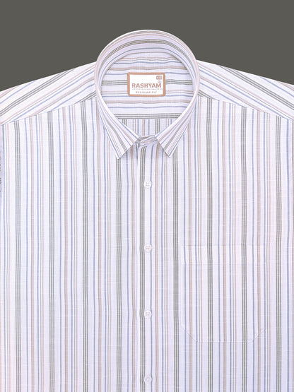 Italian Linen Lorentis Duskblue Mossy Green Multiline On White Formal Shirt