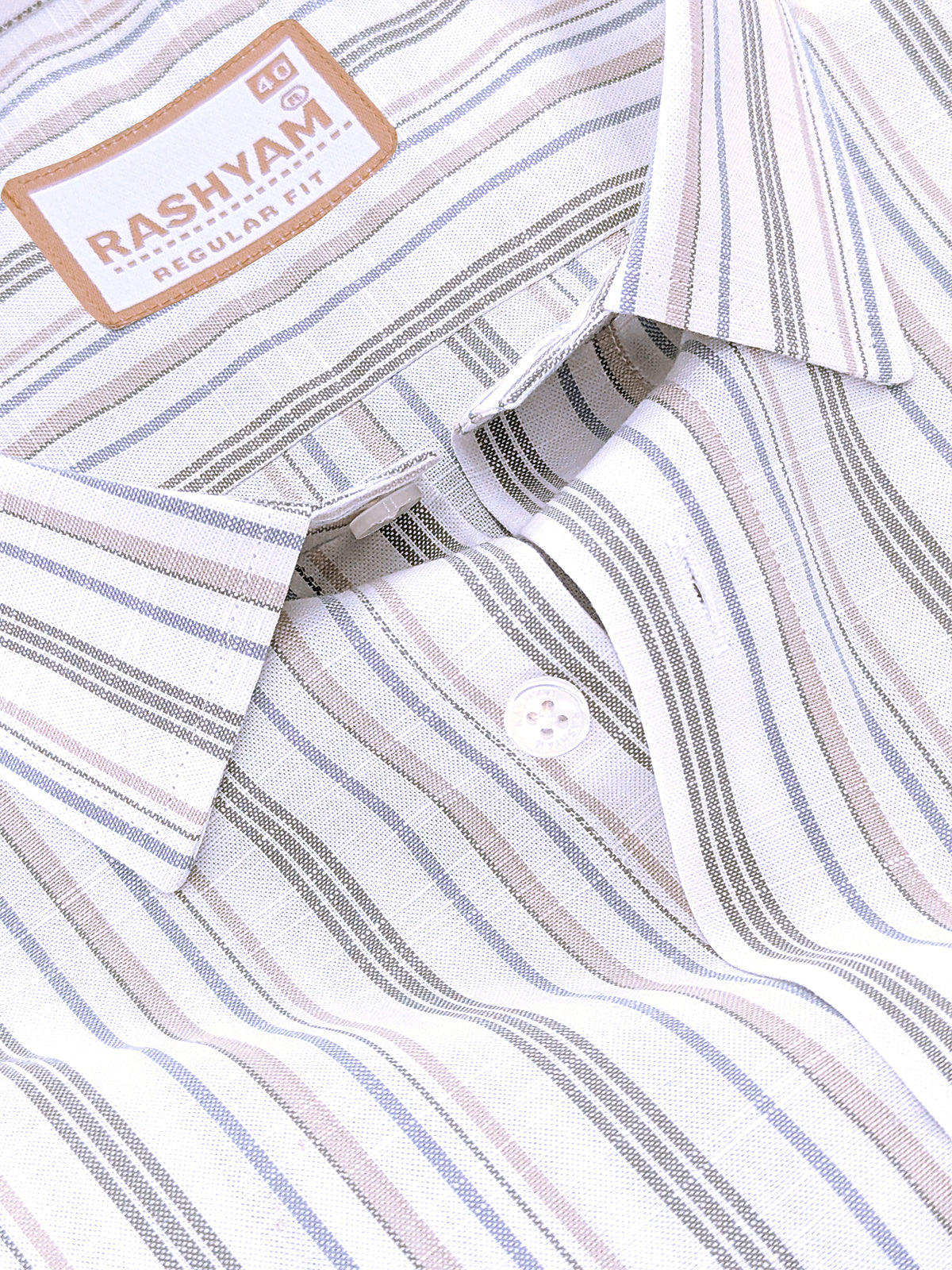 Italian Linen Lorentis Duskblue Mossy Green Multiline On White Formal Shirt