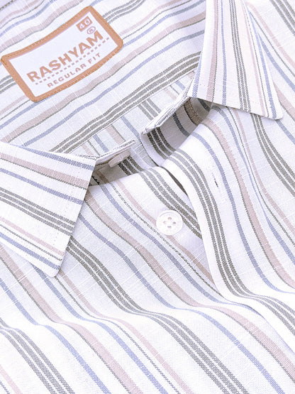Italian Linen Lorentis Duskblue Mossy Green Multiline On White Formal Shirt