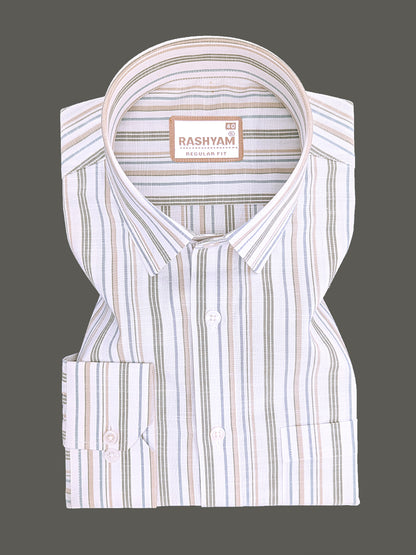 Italian Linen Lorentis Duskblue Mossy Green Multiline On White Formal Shirt