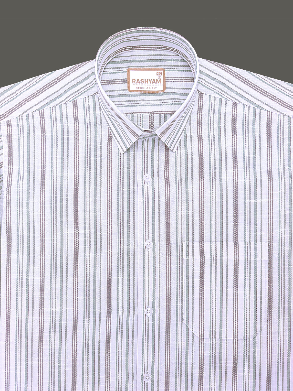 Italian Linen Cotton Lorentis Green And Brown Multiline On White Formal Shirt
