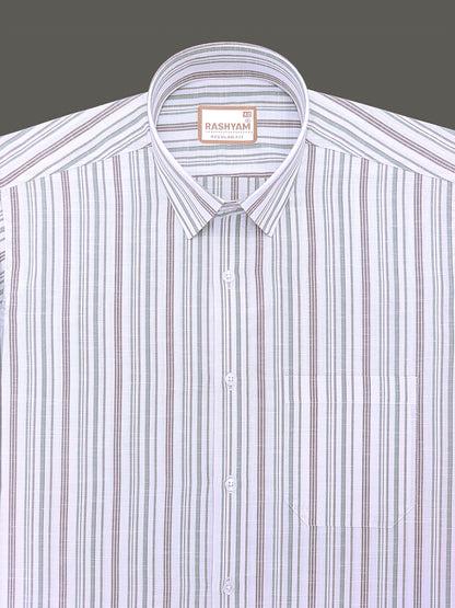 Italian Linen Cotton Lorentis Green And Brown Multiline On White Formal Shirt