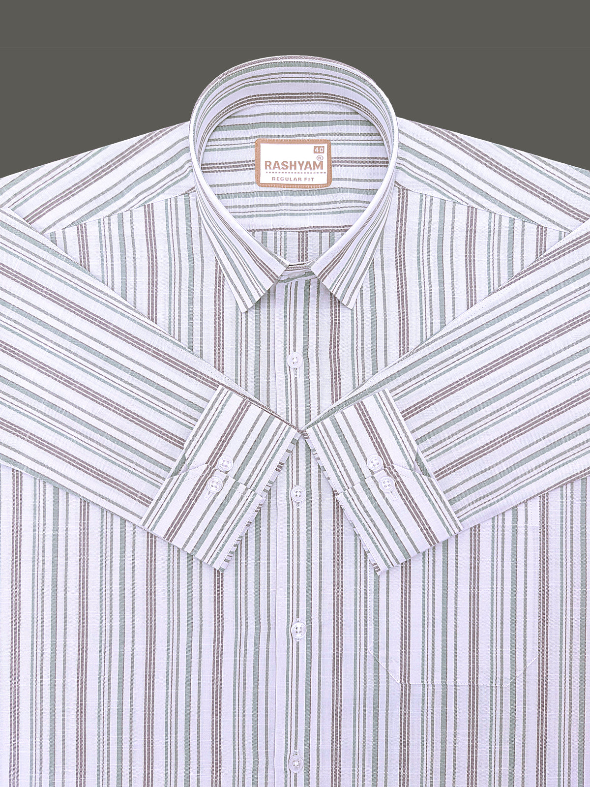 Italian Linen Cotton Lorentis Green And Brown Multiline On White Formal Shirt