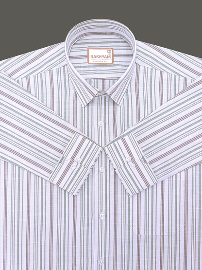 Italian Linen Cotton Lorentis Green And Brown Multiline On White Formal Shirt
