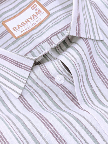 Italian Linen Cotton Lorentis Green And Brown Multiline On White Formal Shirt