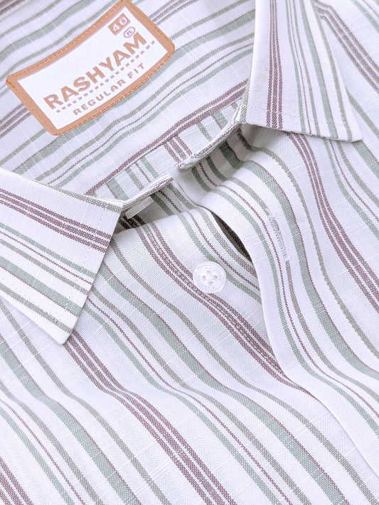 Italian Linen Cotton Lorentis Green And Brown Multiline On White Formal Shirt
