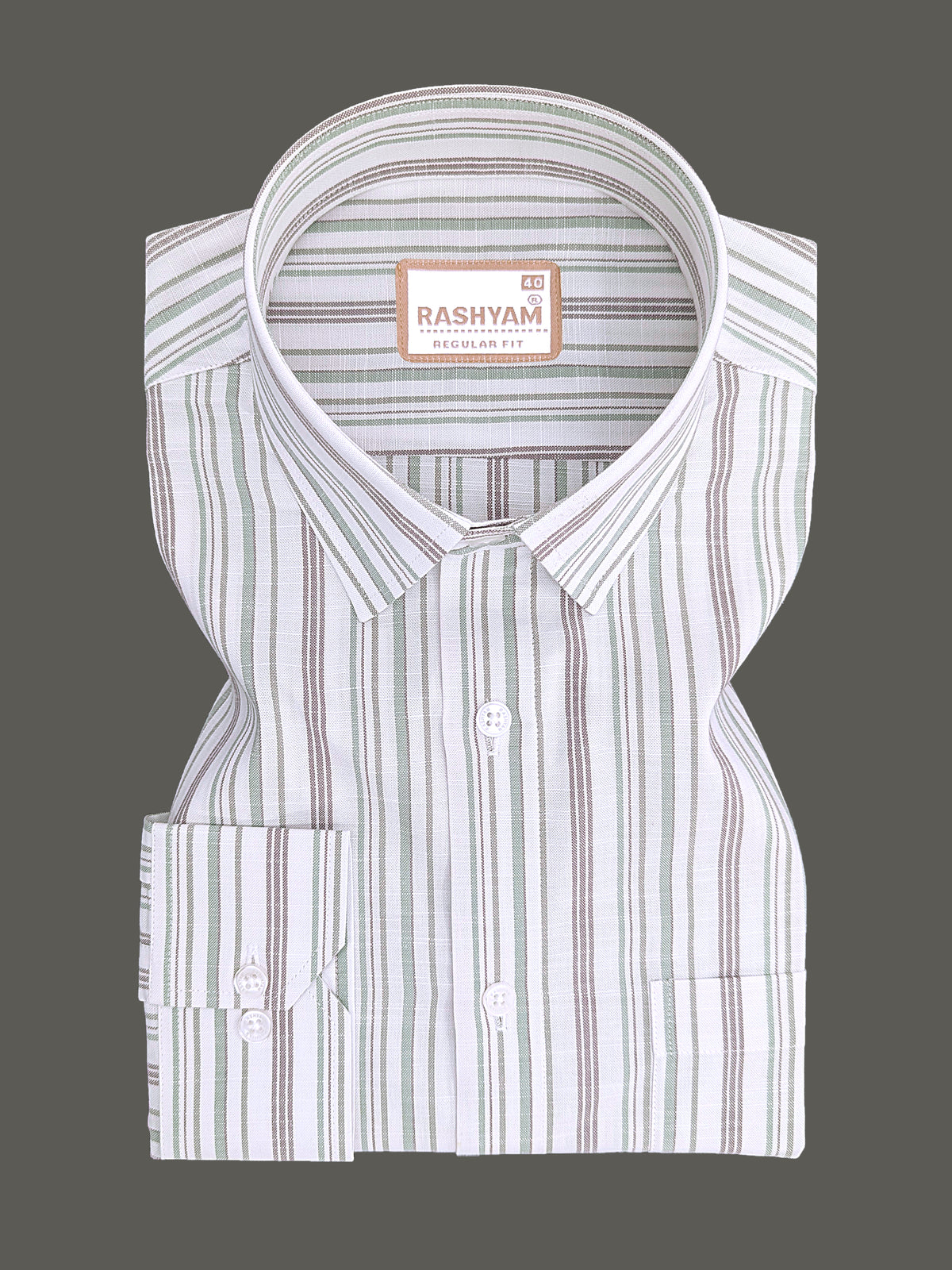 Italian Linen Cotton Lorentis Green And Brown Multiline On White Formal Shirt
