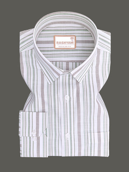 Italian Linen Cotton Lorentis Green And Brown Multiline On White Formal Shirt