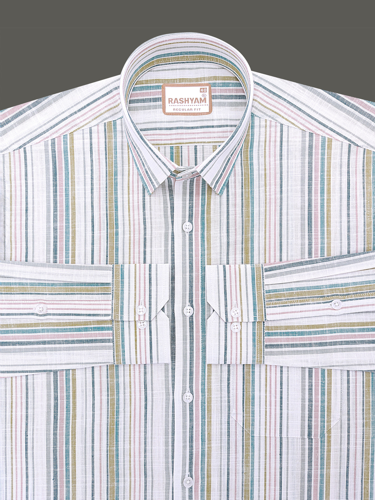 Luxurious Linen Multicolor Line On White Formal Shirt