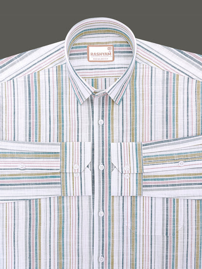 Luxurious Linen Multicolor Line On White Formal Shirt