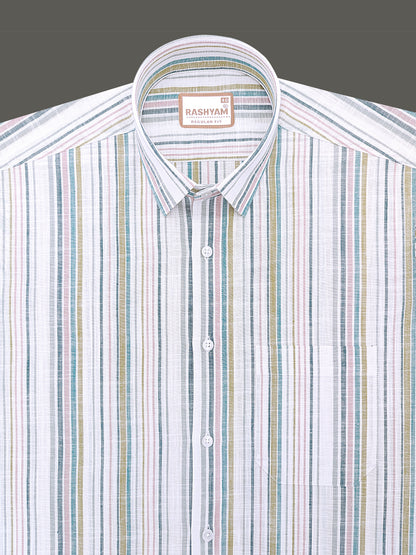 Luxurious Linen Multicolor Line On White Formal Shirt