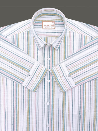 Luxurious Linen Multicolor Line On White Formal Shirt