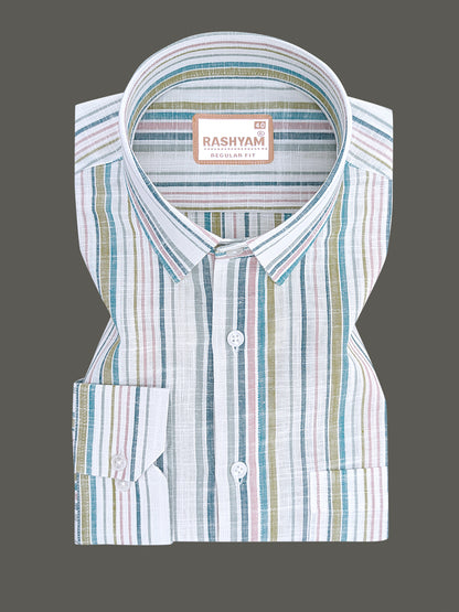 Luxurious Linen Multicolor Line On White Formal Shirt