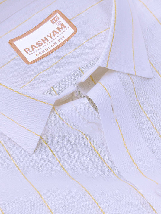 Italian Linen Veranzo Yellow Stripe On White Formal Shirt For Men