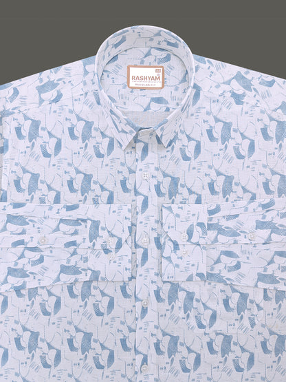 Italian Premium Linen Olivetta Cerulean Blue Geometric Printed Shirt