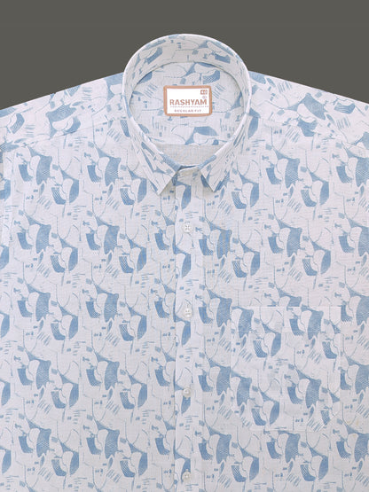 Italian Premium Linen Olivetta Cerulean Blue Geometric Printed Shirt