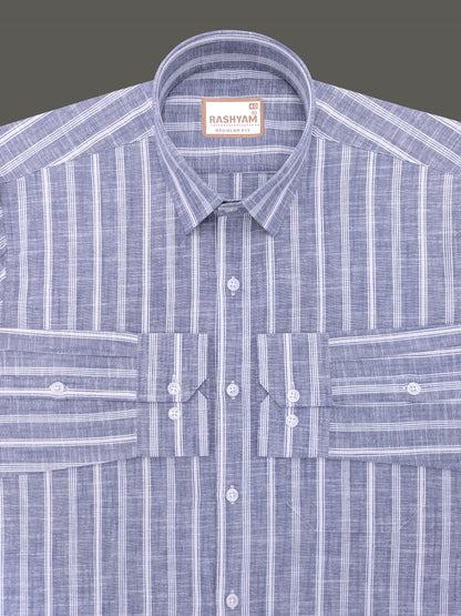 Italian Linen Cotton White Line on Denim Blue Formal Shirt