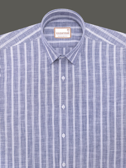 Italian Linen Cotton White Line on Denim Blue Formal Shirt