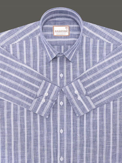 Italian Linen Cotton White Line on Denim Blue Formal Shirt
