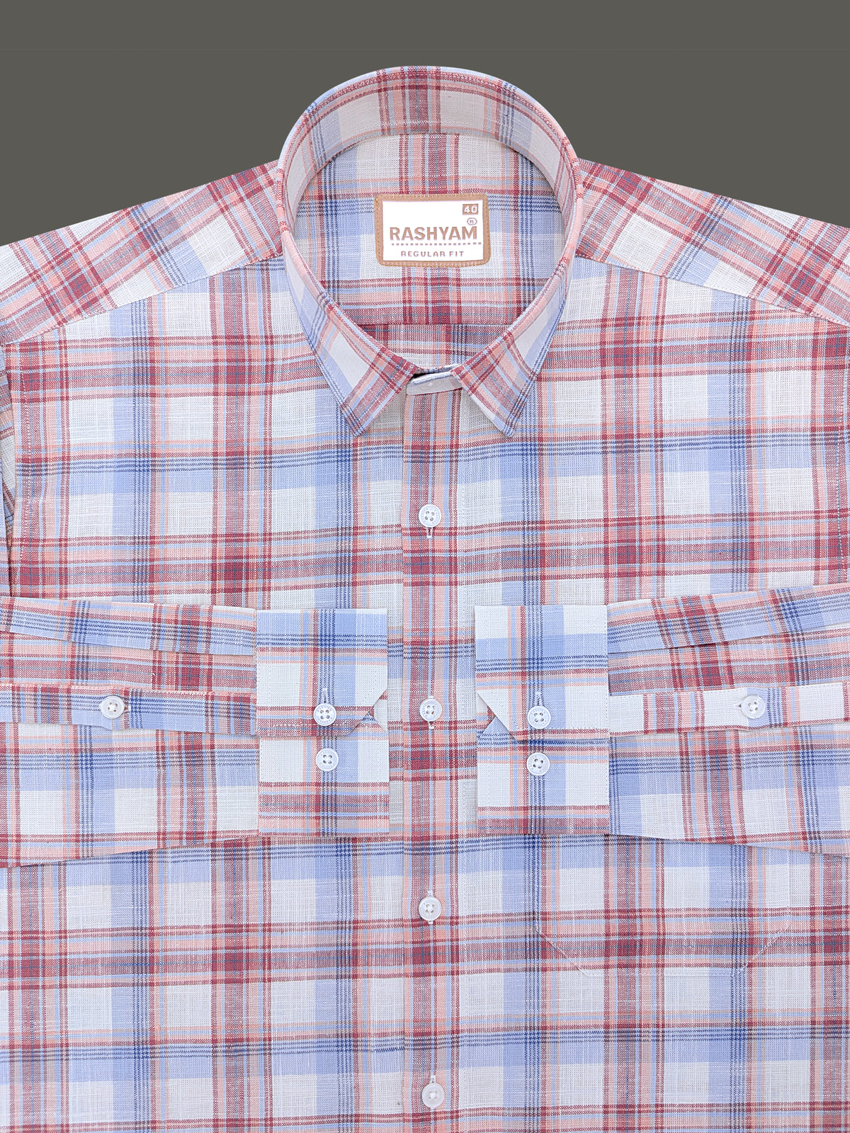 Luxurious Italian Linen Cotton Blue with Burgundy Multi Check Formal Shirt