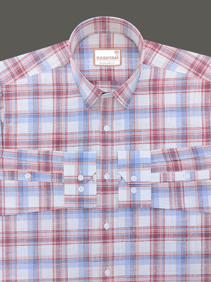 Luxurious Italian Linen Cotton Blue with Burgundy Multi Check Formal Shirt