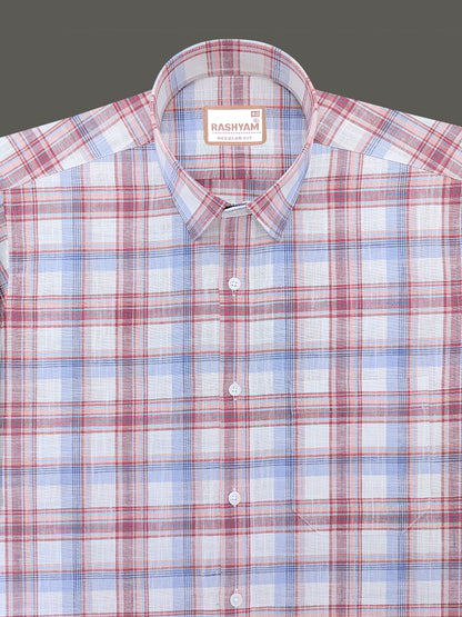 Luxurious Italian Linen Cotton Blue with Burgundy Multi Check Formal Shirt