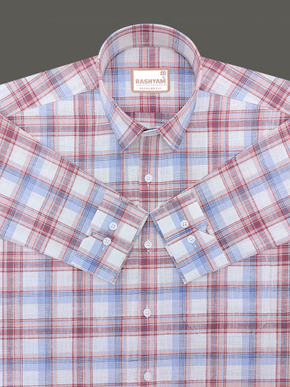 Luxurious Italian Linen Cotton Blue with Burgundy Multi Check Formal Shirt