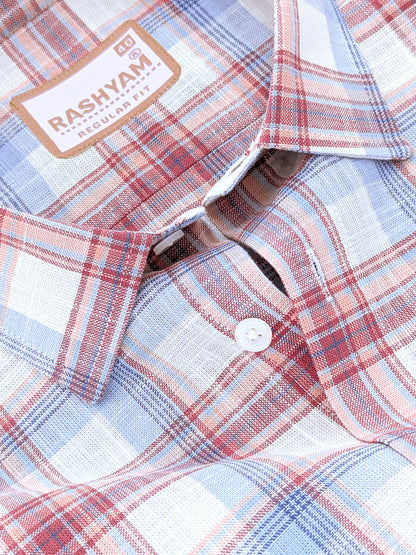 Luxurious Italian Linen Cotton Blue with Burgundy Multi Check Formal Shirt