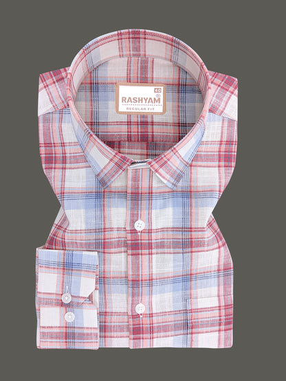 Luxurious Italian Linen Cotton Blue with Burgundy Multi Check Formal Shirt